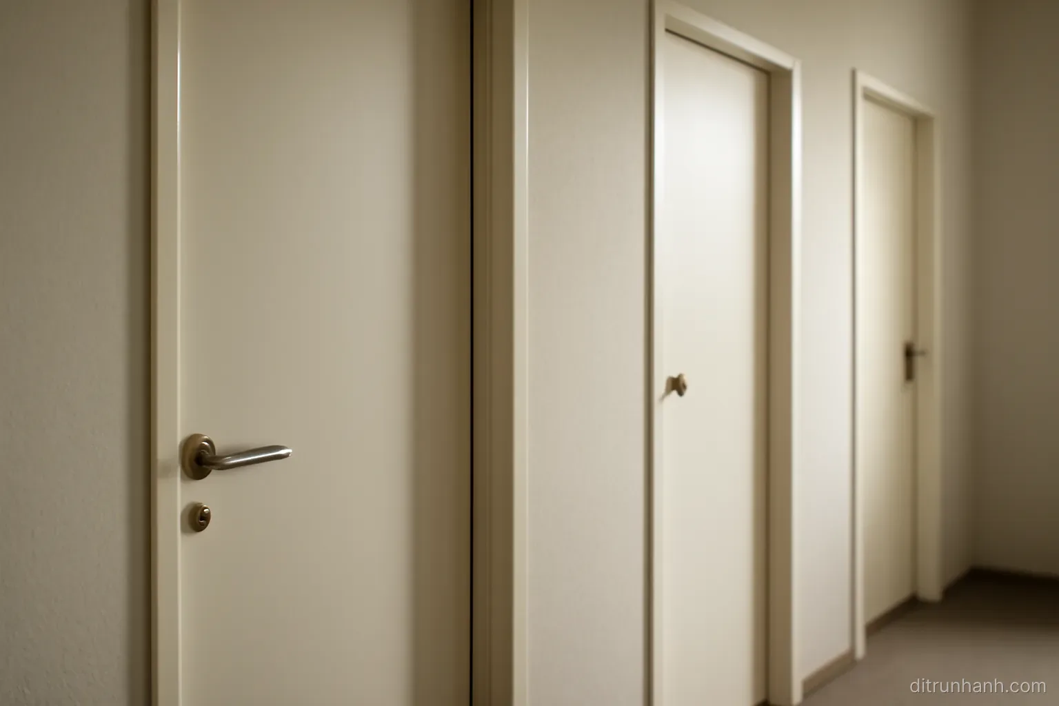 three closed doors in a row along a bare corridor with different handles and no markings on any of them