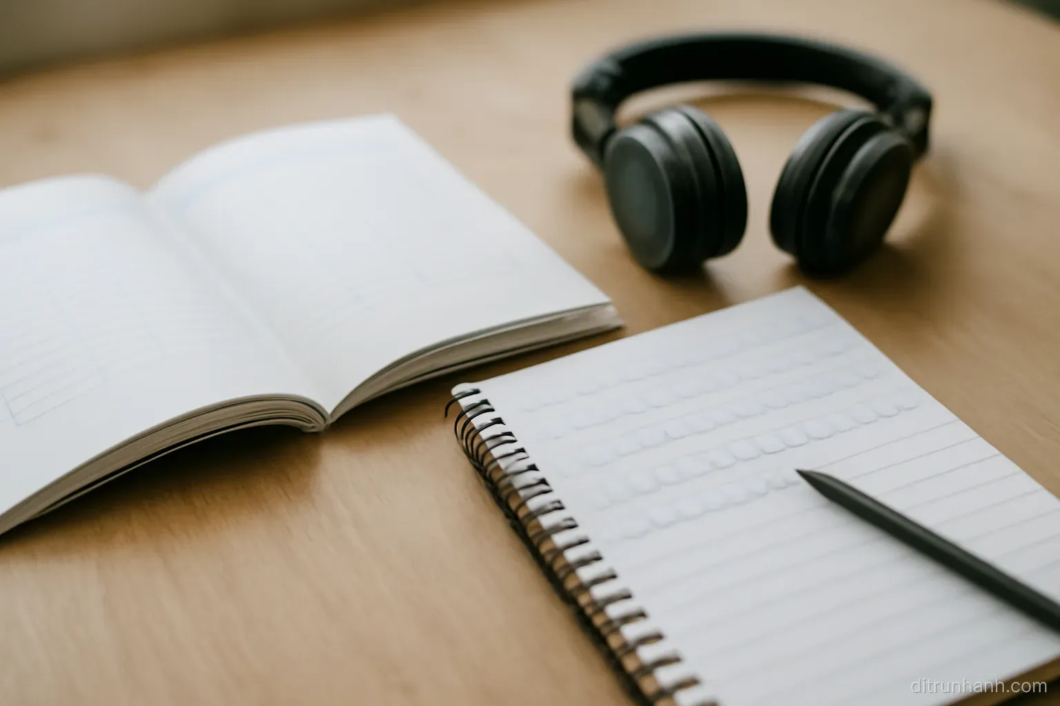 a language workbook open on a desk beside headphones and a notebook filled with handwritten practice lines