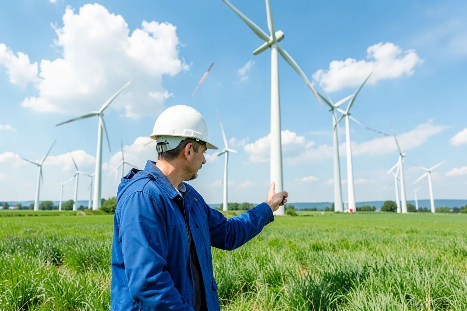 Vietnamese engineer in a white hard hat and blue jacket inspecting tall wind turbines in a green field in northern Germany, wide shot, sunny sky with white clouds