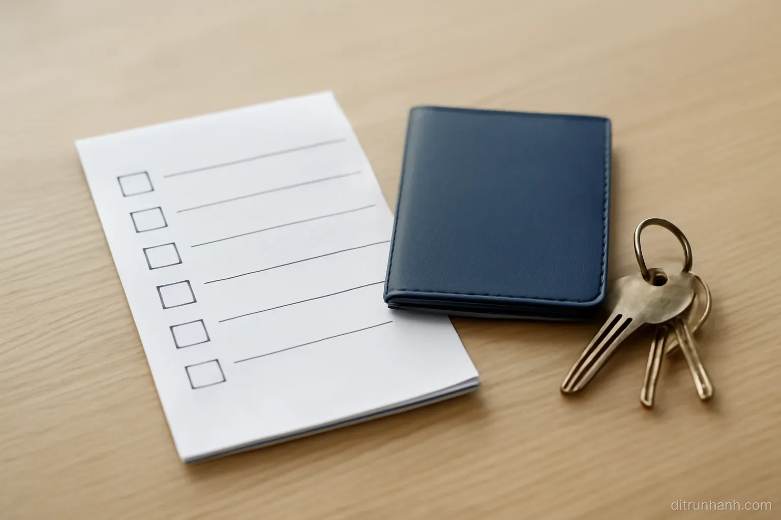 a folded checklist and a passport sized folder placed on a table next to a set of house keys