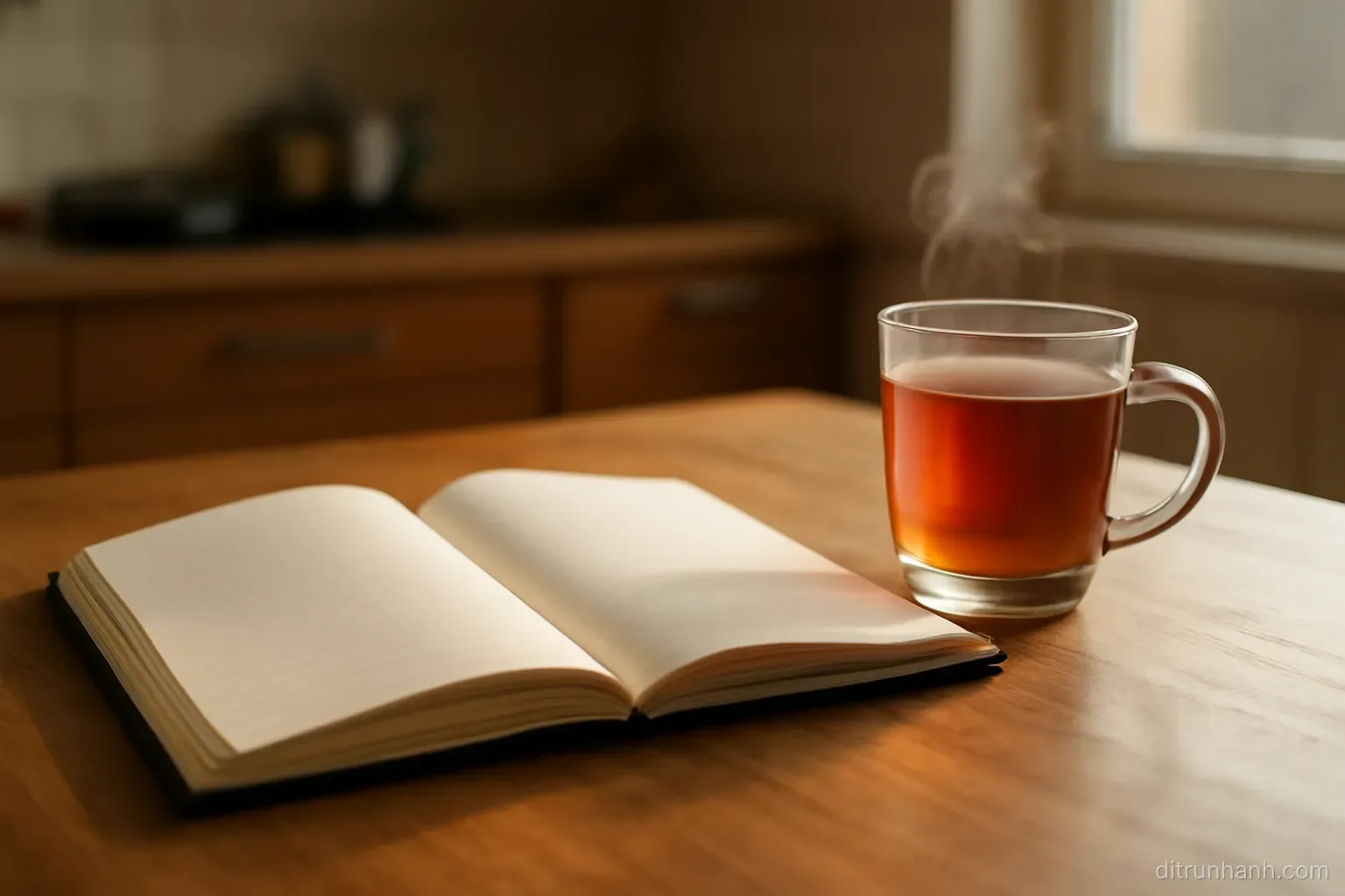 a notebook open at a two column page on a kitchen table beside a cooling cup of tea in morning light