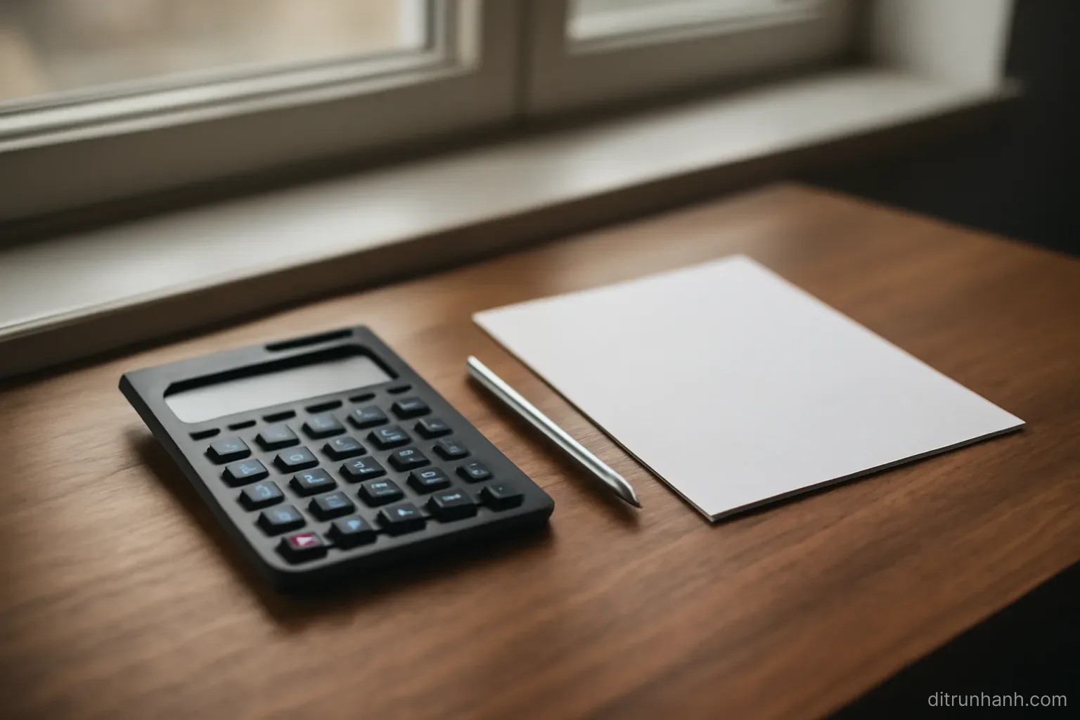 a calculator, a pen and a folded sheet of paper laid out on a wooden table beside a window in daylight
