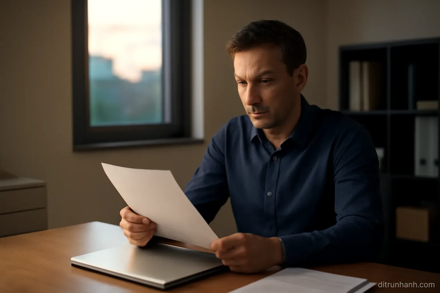 a founder sitting alone in a small office at dusk with a laptop closed and a printed page in hand
