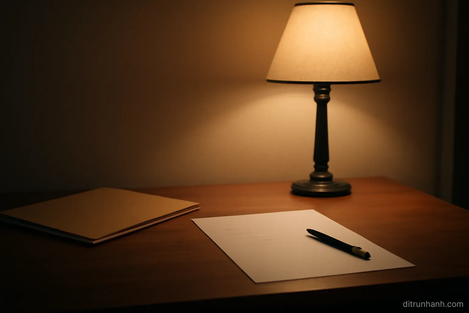 a quiet study desk at night with a lamp, a closed folder and a single sheet of paper with four short lines