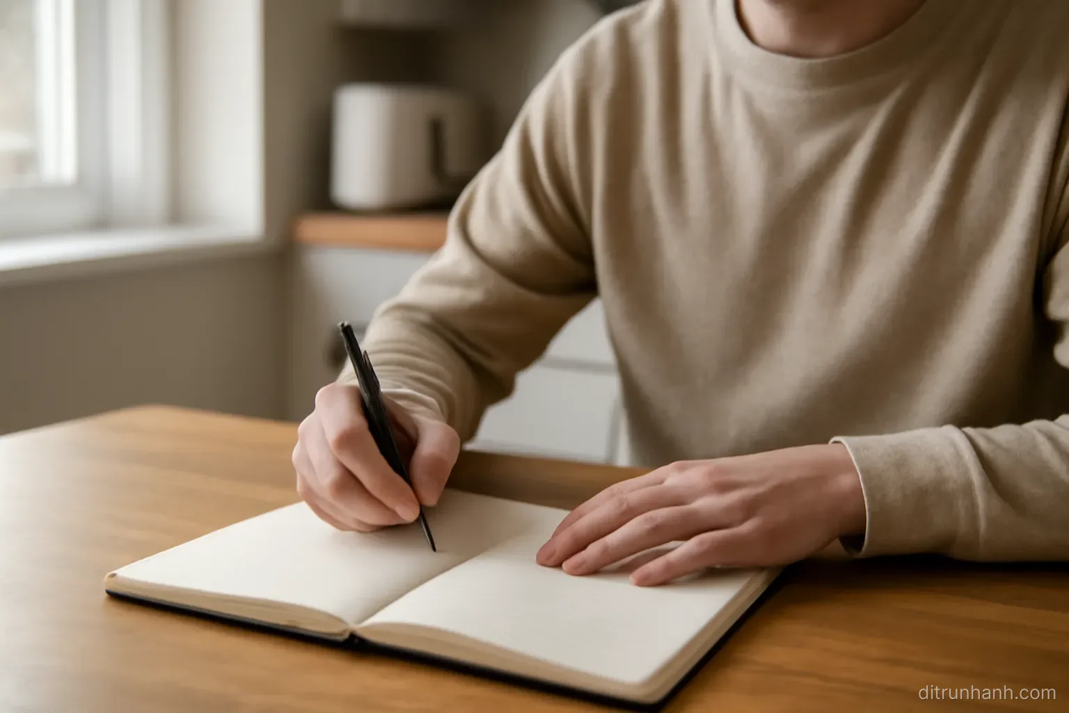 a person sitting at a kitchen table with a notebook open, pen resting on a page with four short lines written