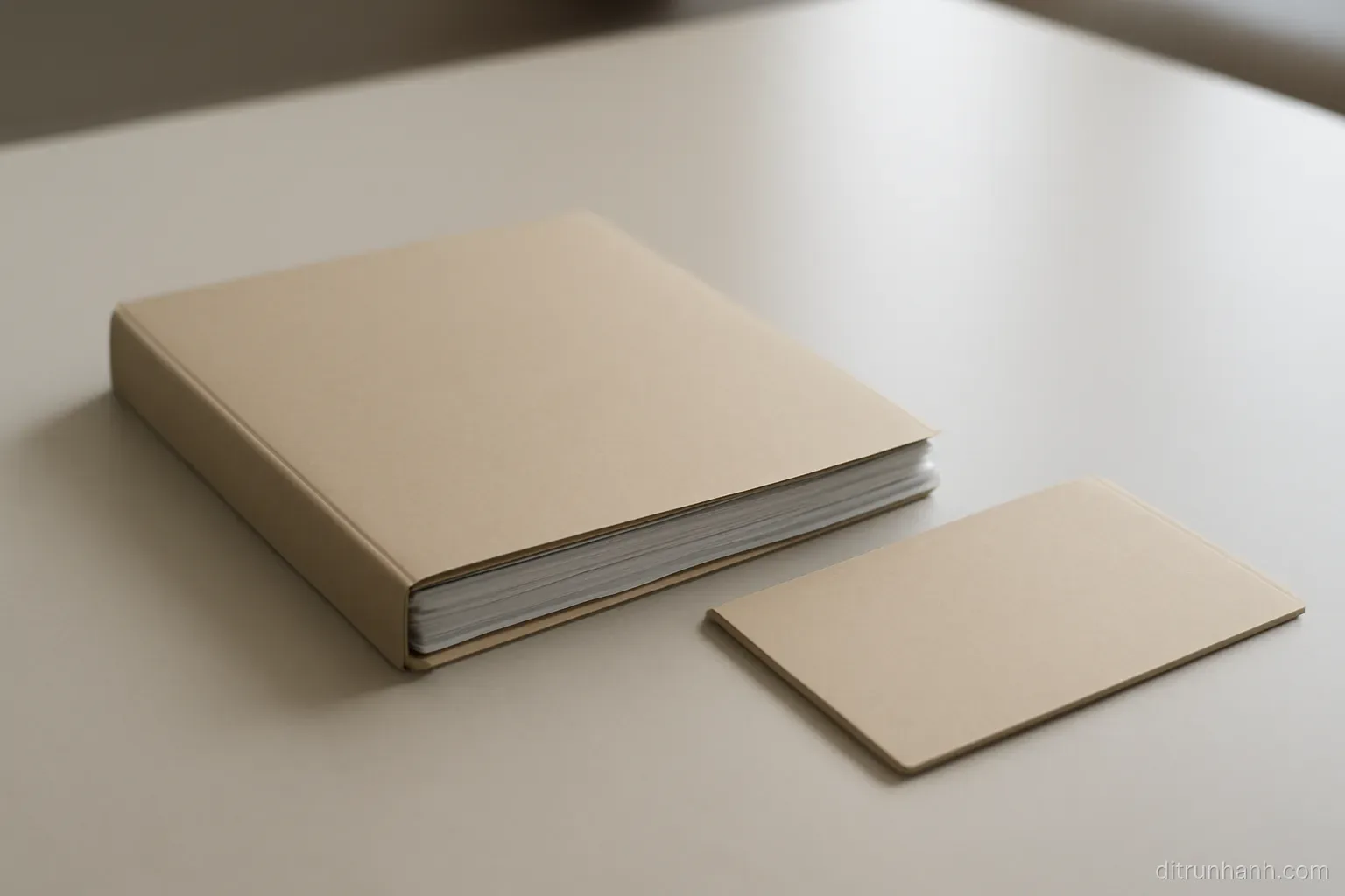 a thick folder lying closed on a plain table next to a thin one, both unlabelled, in flat even light