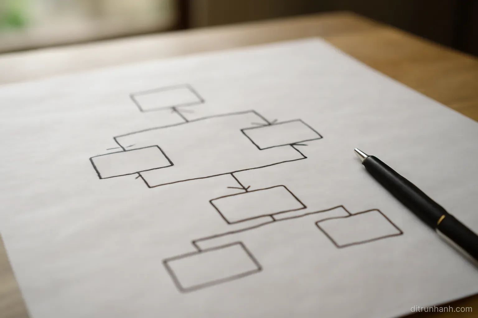a simple diagram drawn by hand on a large sheet of paper spread across a table with a pen beside it
