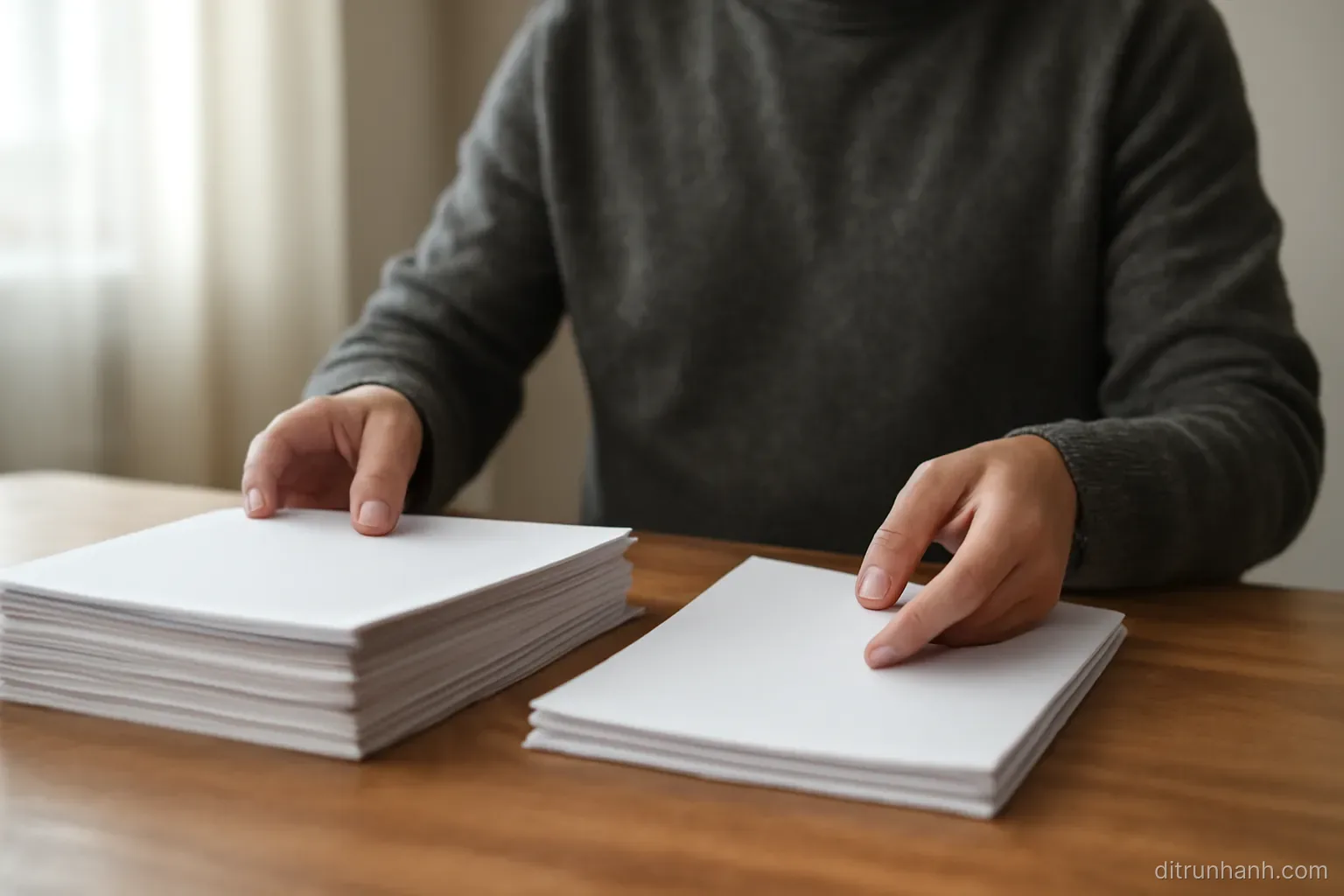 a person seated at a table sorting papers into two piles with one pile noticeably smaller than the other