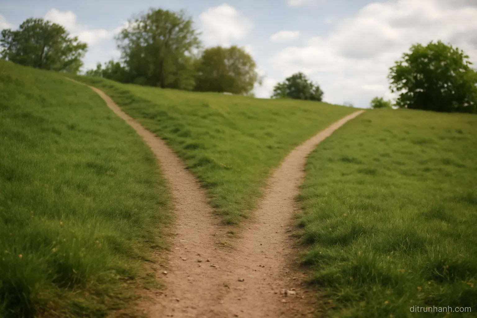 two footpaths diverging on a hillside, one steeper and shorter, the other longer and more level, seen from a distance