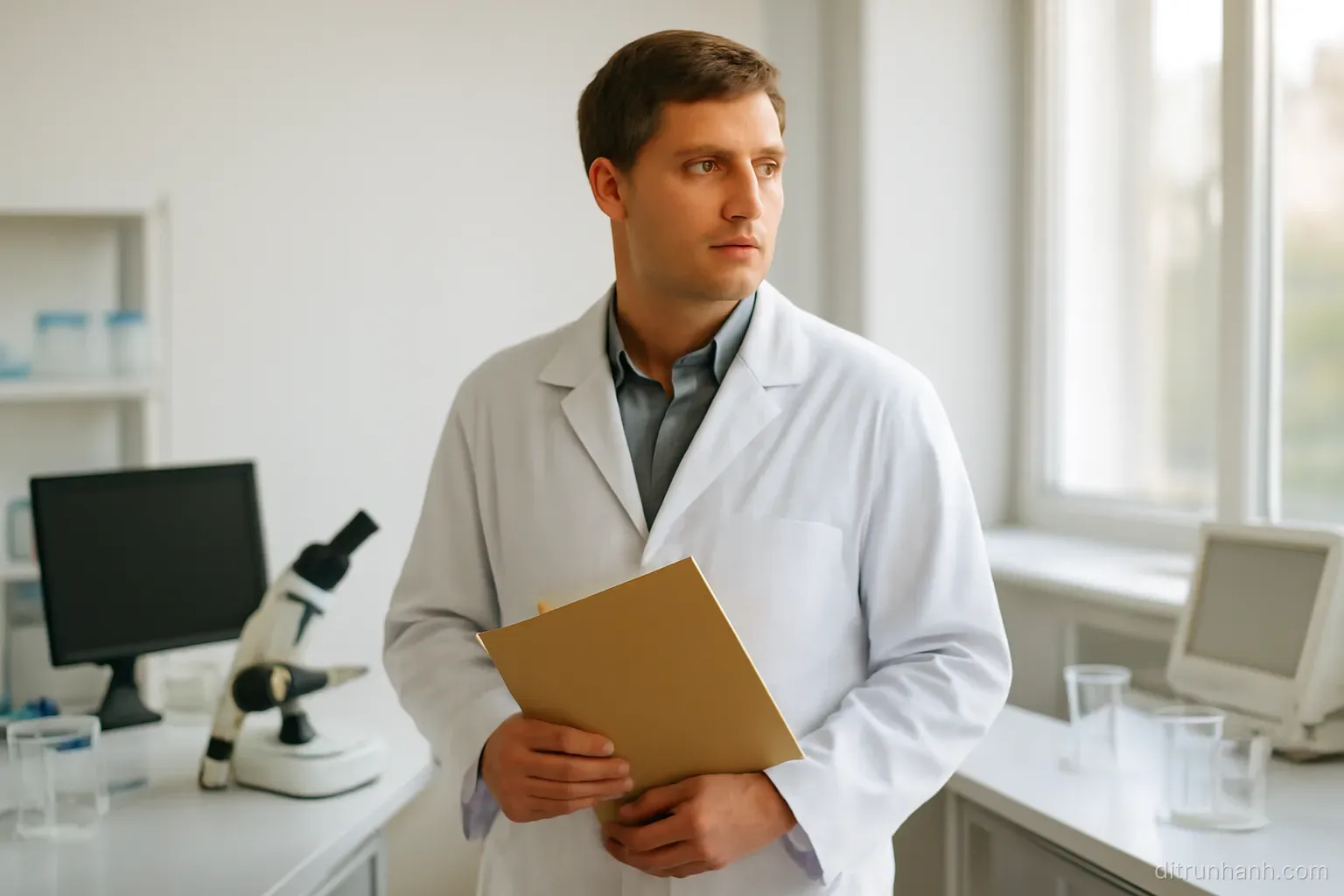 a young researcher in a plain lab coat standing between two workbenches, holding a folder, looking to one side