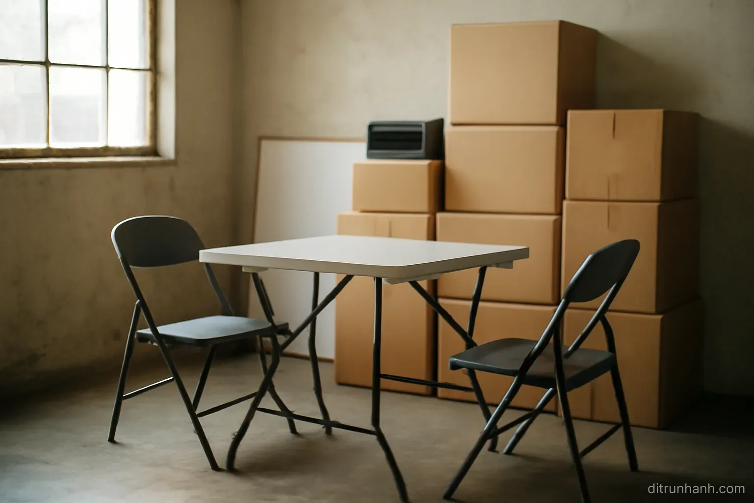 a small workshop space with a folding table, two chairs and unopened equipment boxes stacked against a wall