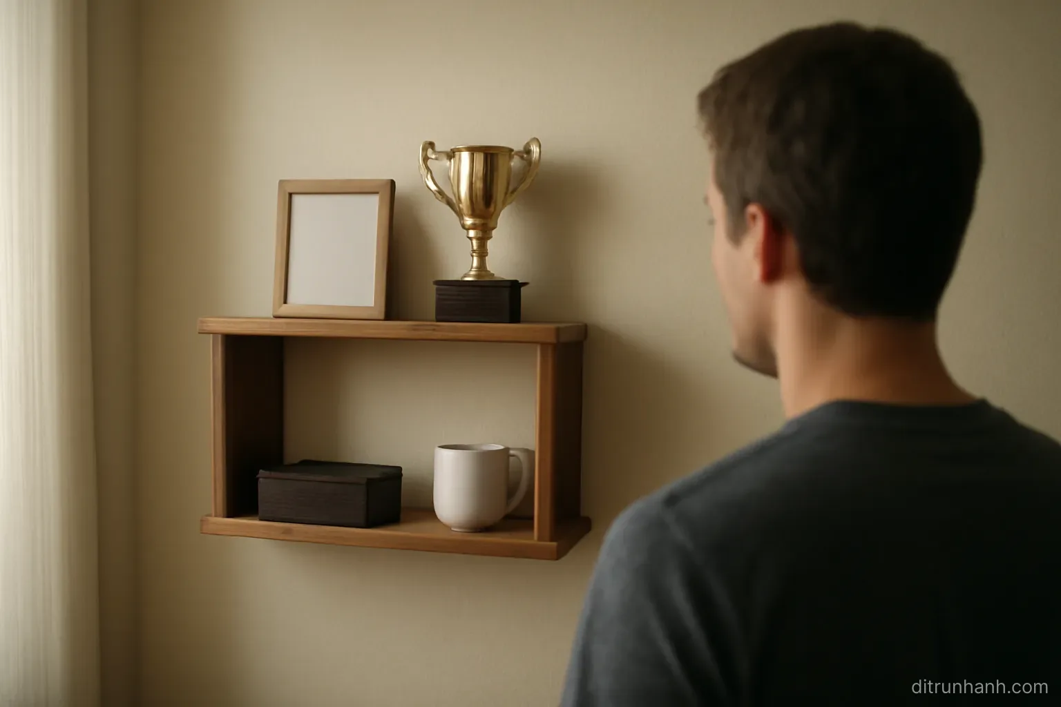 a small trophy shelf in a modest room holding a few plain objects, with a person looking at it from behind