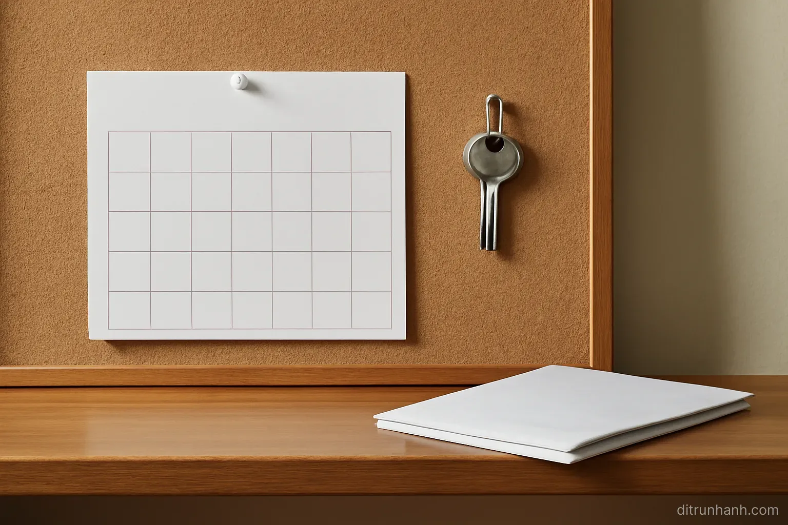 a calendar page pinned to a corkboard next to a set of keys and a folded lease document on a shelf