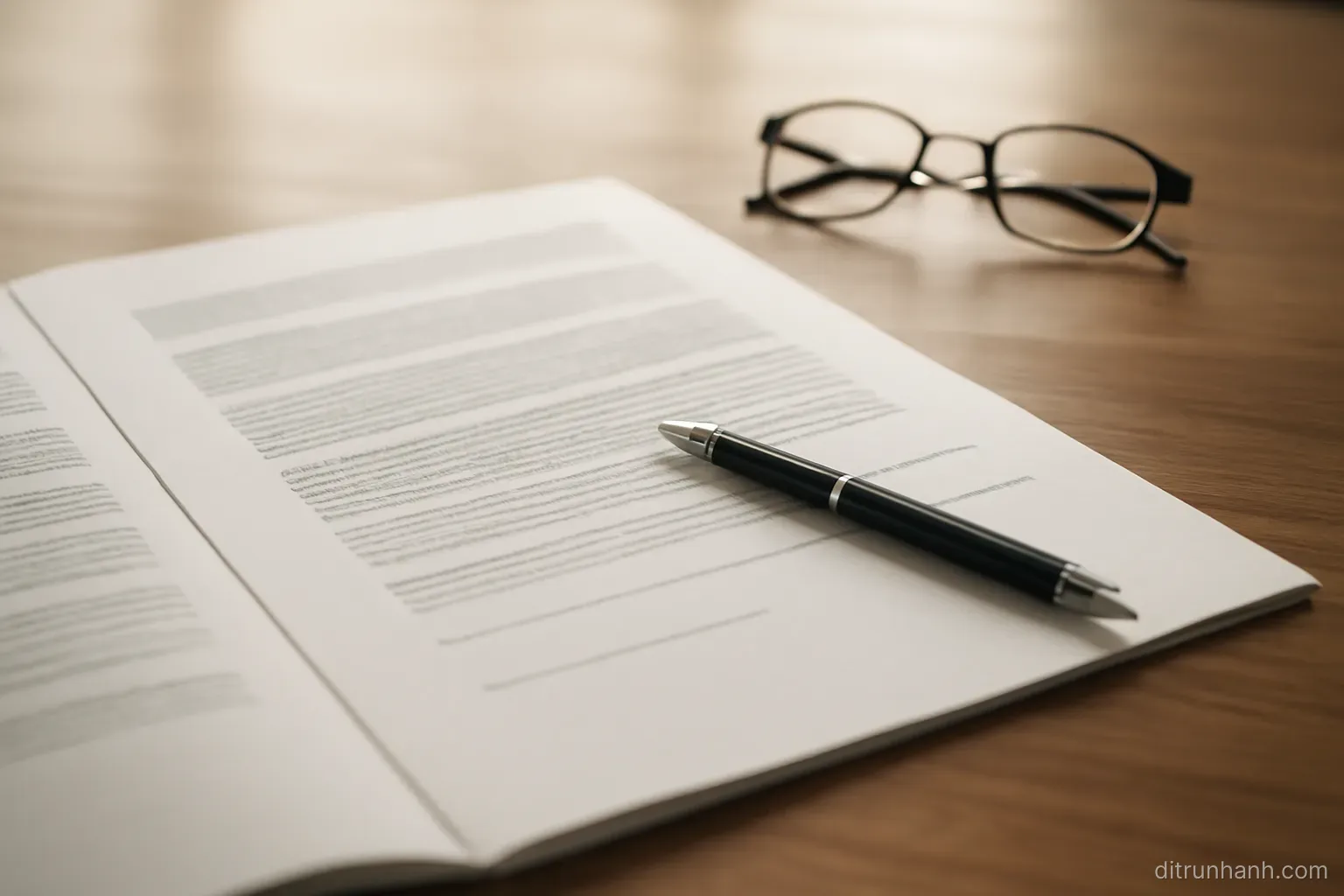 a multi page contract lying open on a desk with a pen across it and a pair of reading glasses nearby