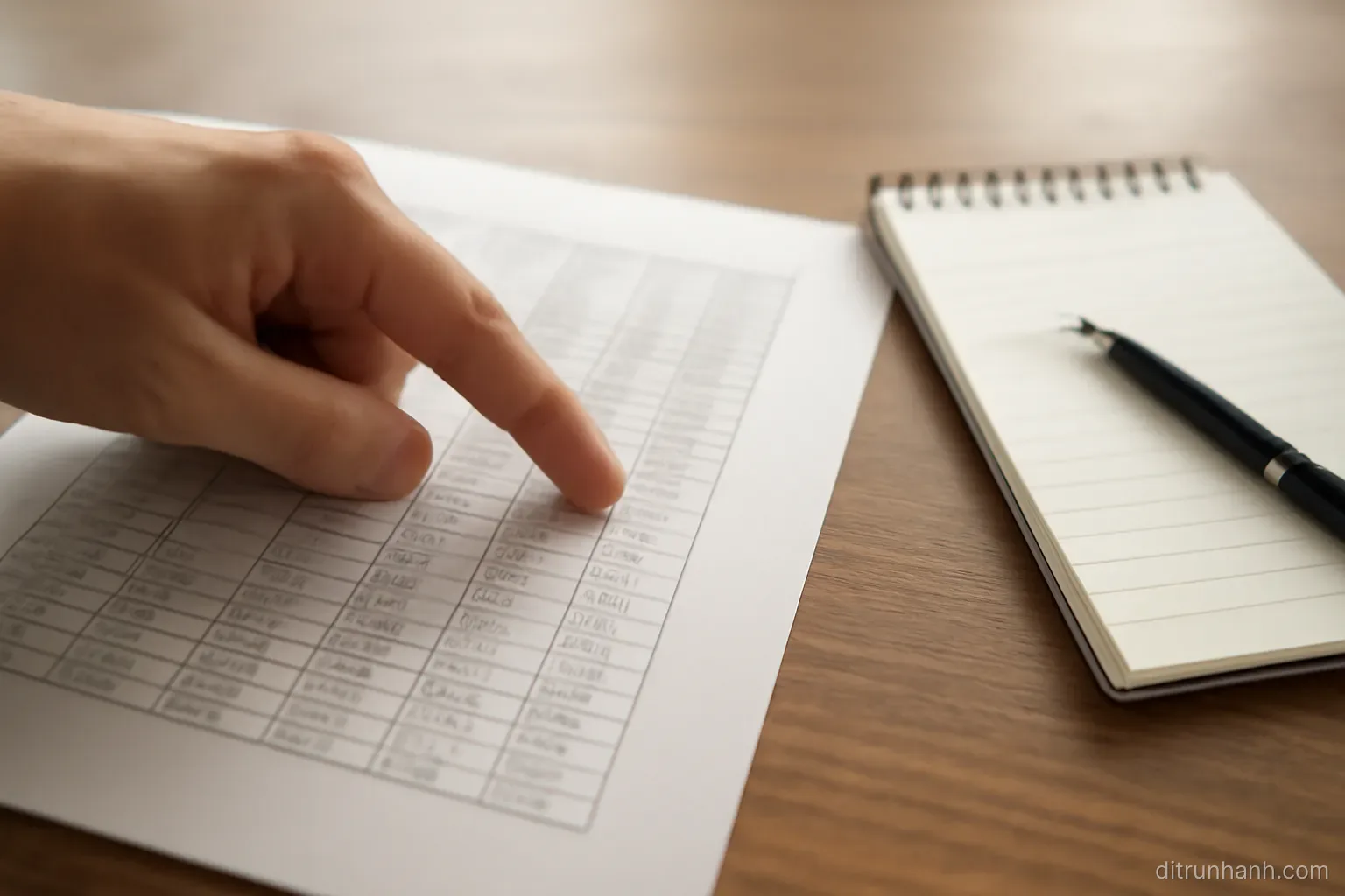 a hand pointing at a printed table of figures on a desk with a notepad and pen placed to one side