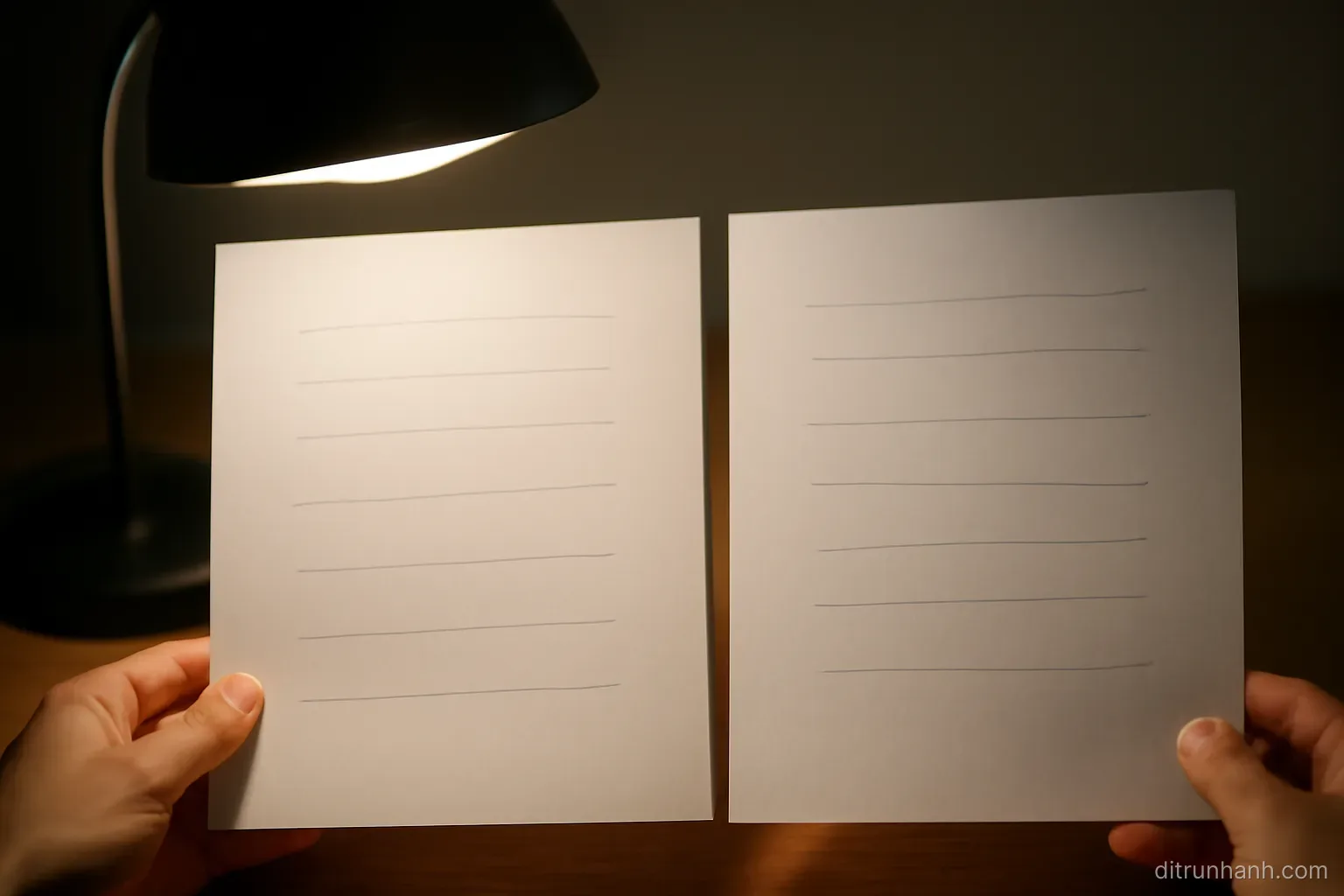 two printed pages held side by side under a desk lamp with several lines marked in pencil on both