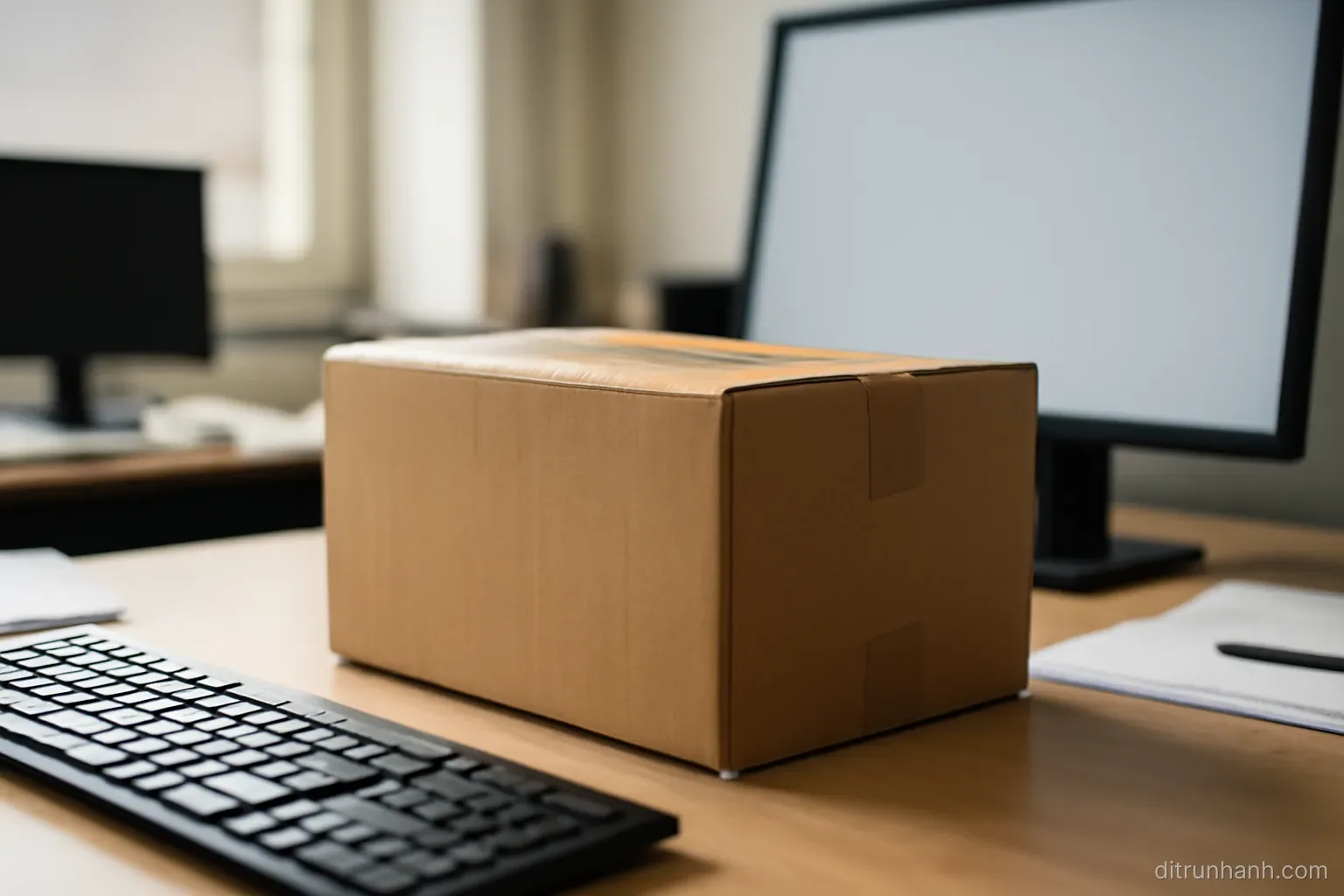 a packed cardboard box on a desk beside a keyboard in an office that is otherwise still in use