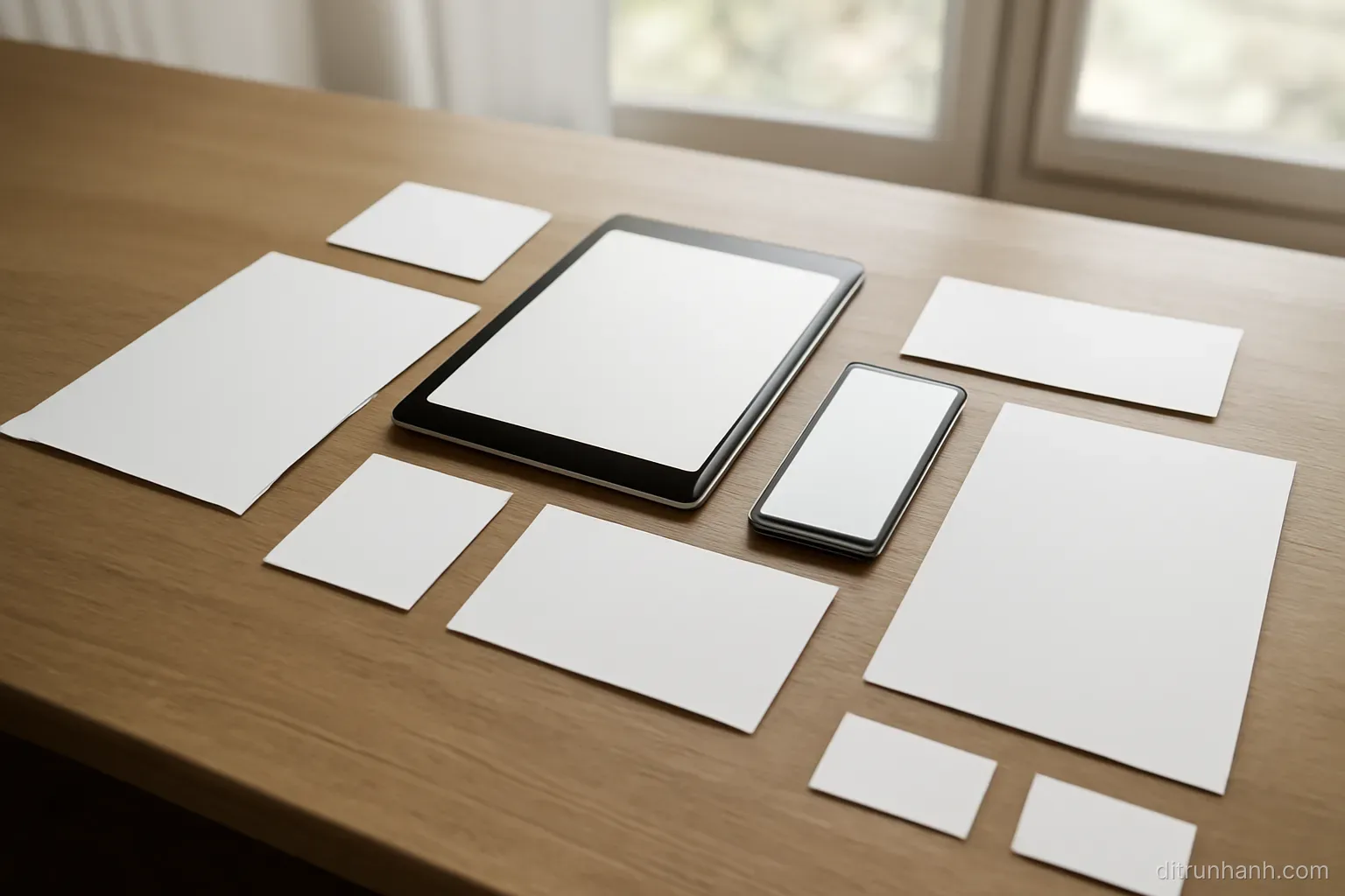 a wide desk covered with printed materials arranged in three separate groups under even daylight from a window