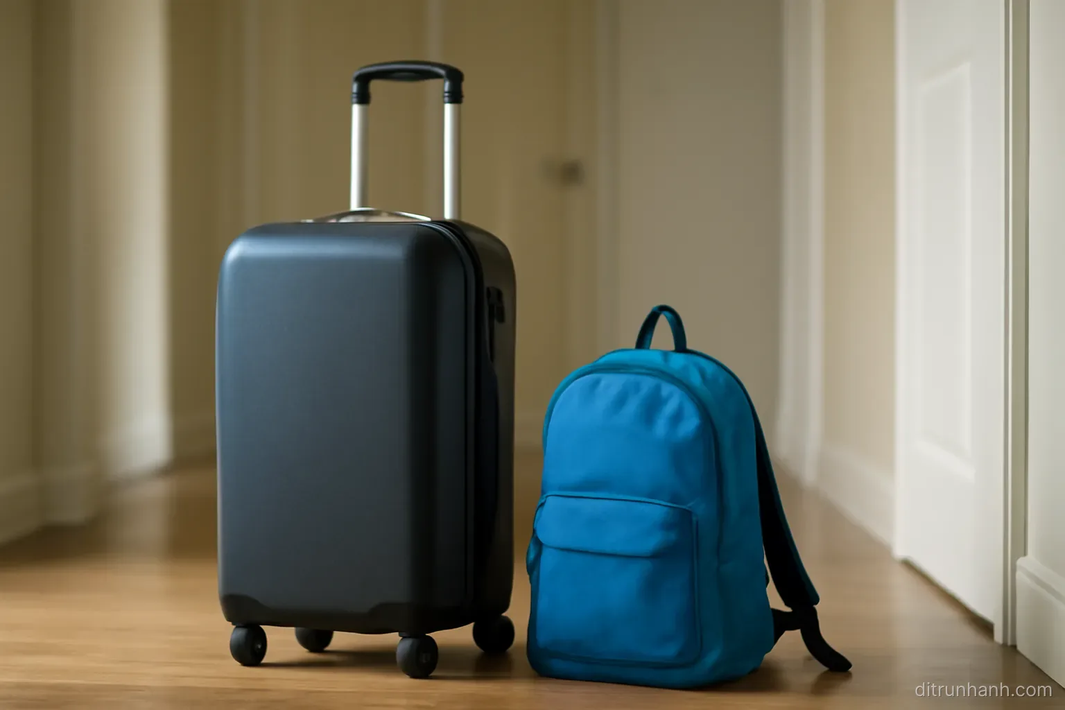 a family suitcase and a child backpack standing together by a doorway in an otherwise empty hallway