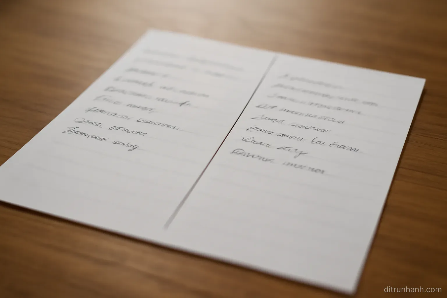 a sheet of paper divided into two columns by a drawn line with short entries written on both sides
