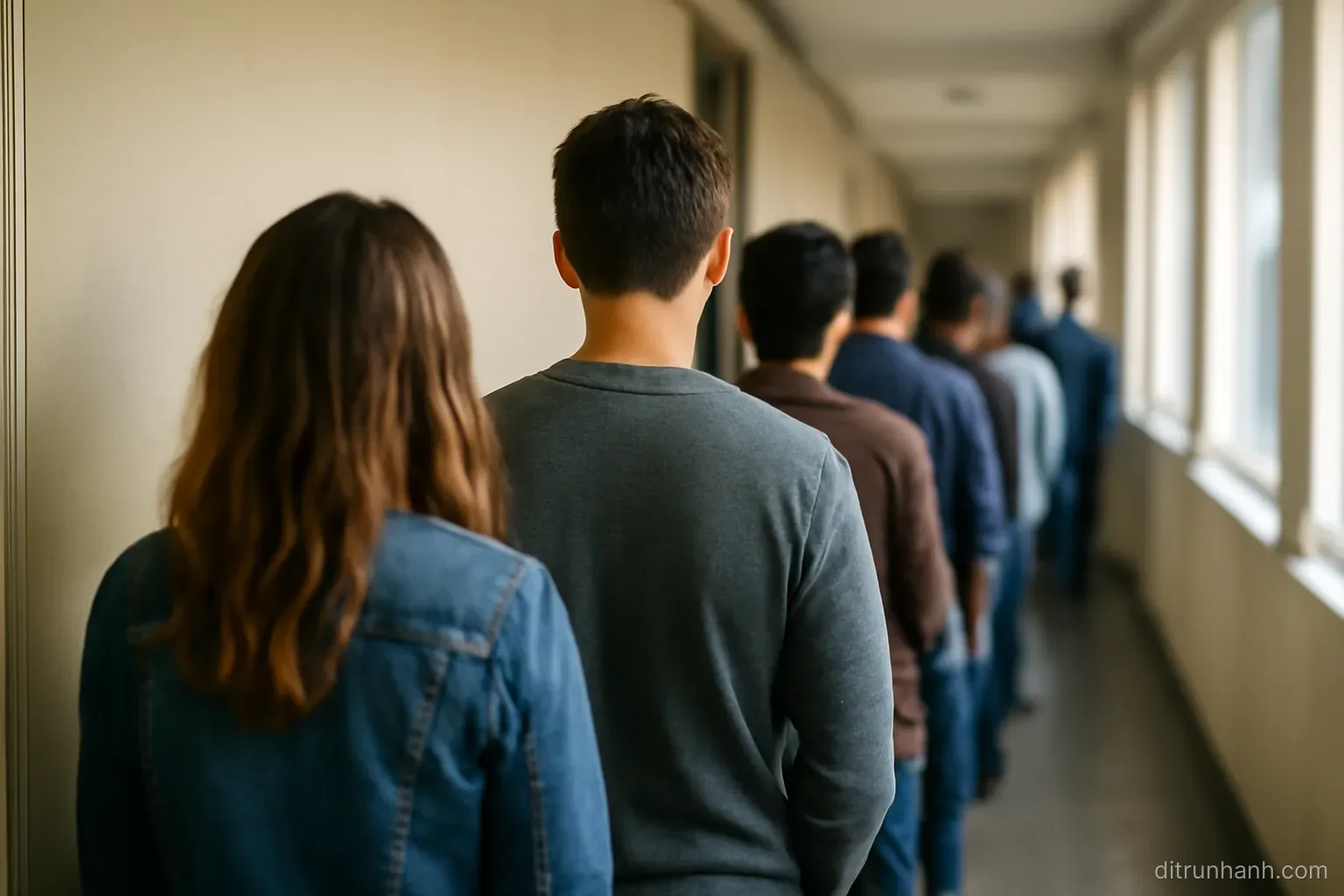 a long queue of people standing along a corridor wall, seen from behind, with no visible signs or counters