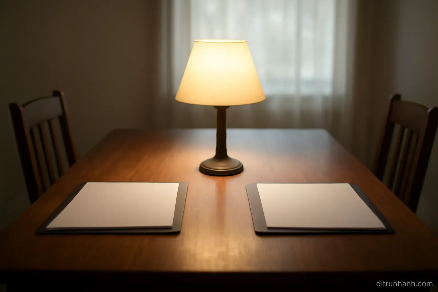 two sets of documents laid out on opposite sides of a dining table with a single lamp lighting both