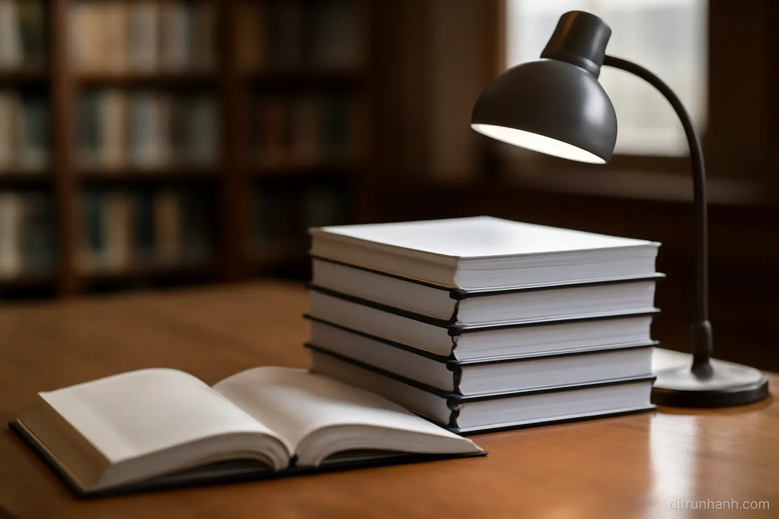 a stack of bound reports on a library table with a reading lamp and one volume left open face down