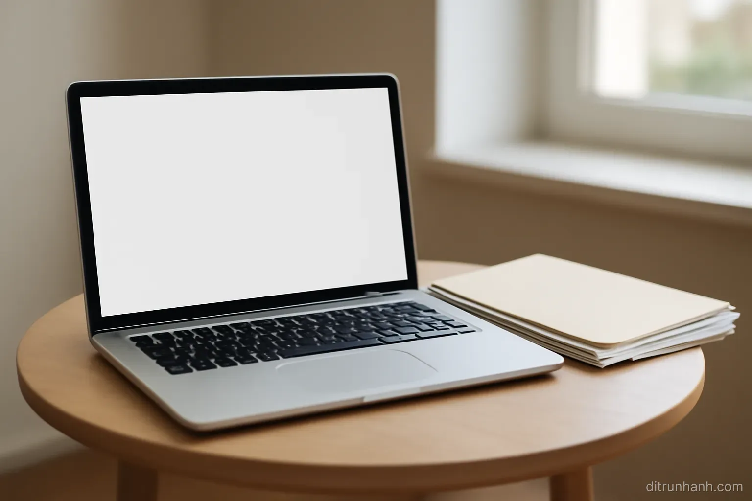 an open laptop on a small table showing a blank screen with a folder of papers resting beside it