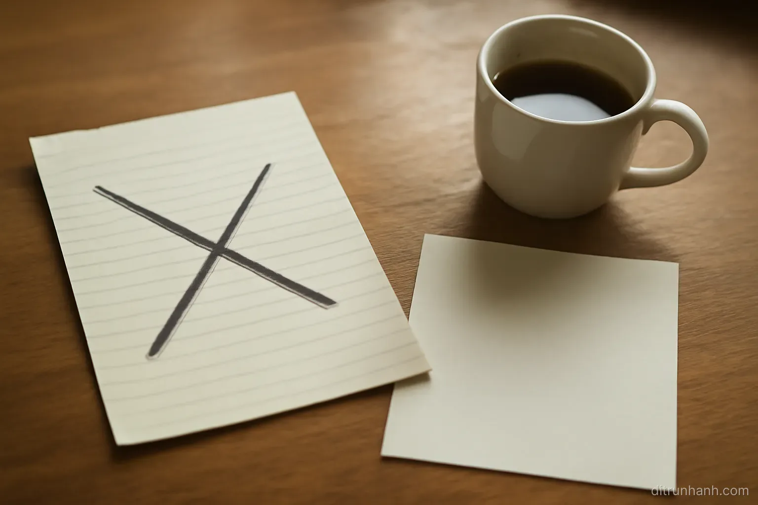 a crossed out page lying on a desk next to a fresh blank sheet and a cup of coffee going cold