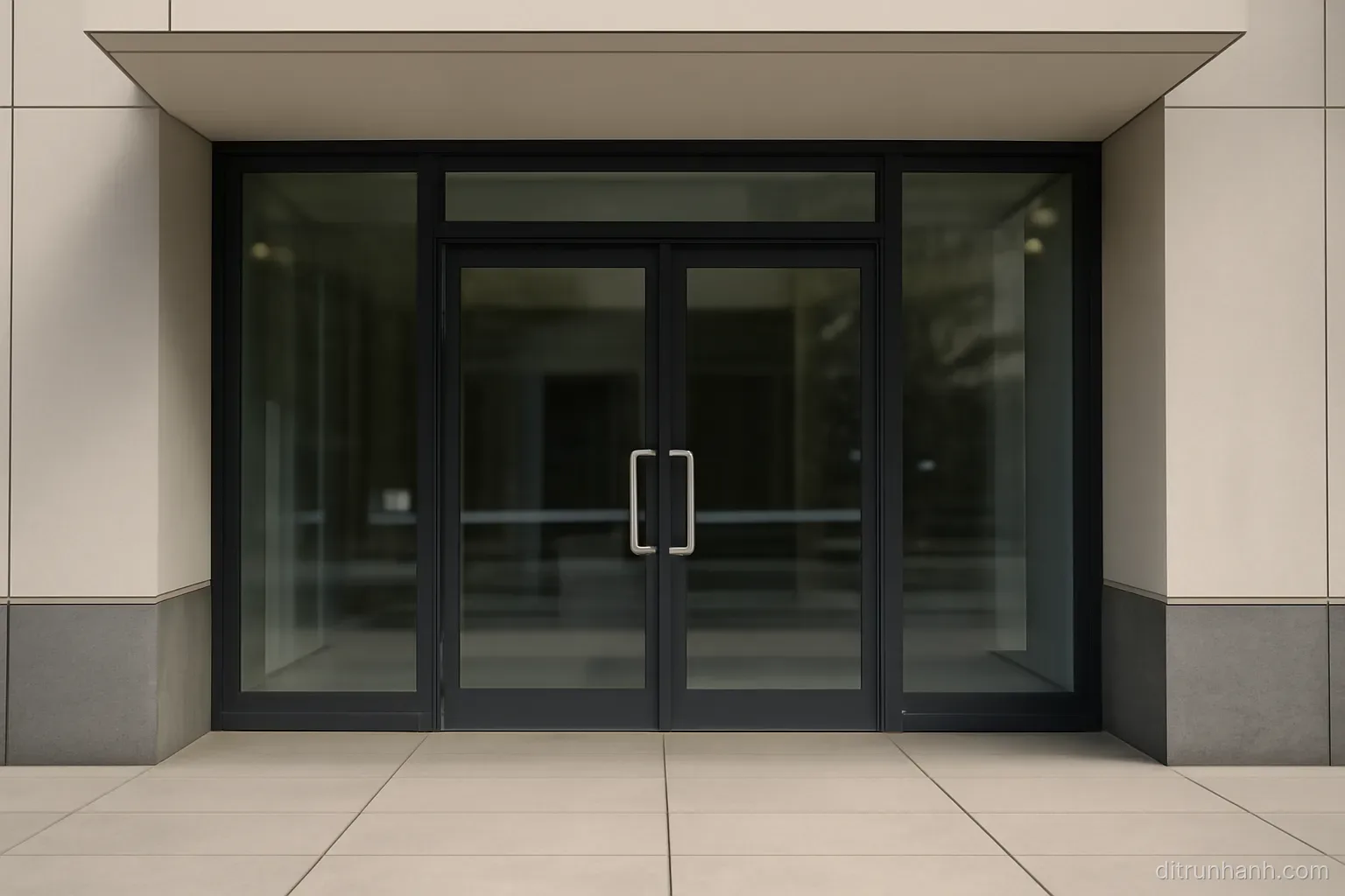 a plain office building entrance seen from the pavement with glass doors and no signage visible