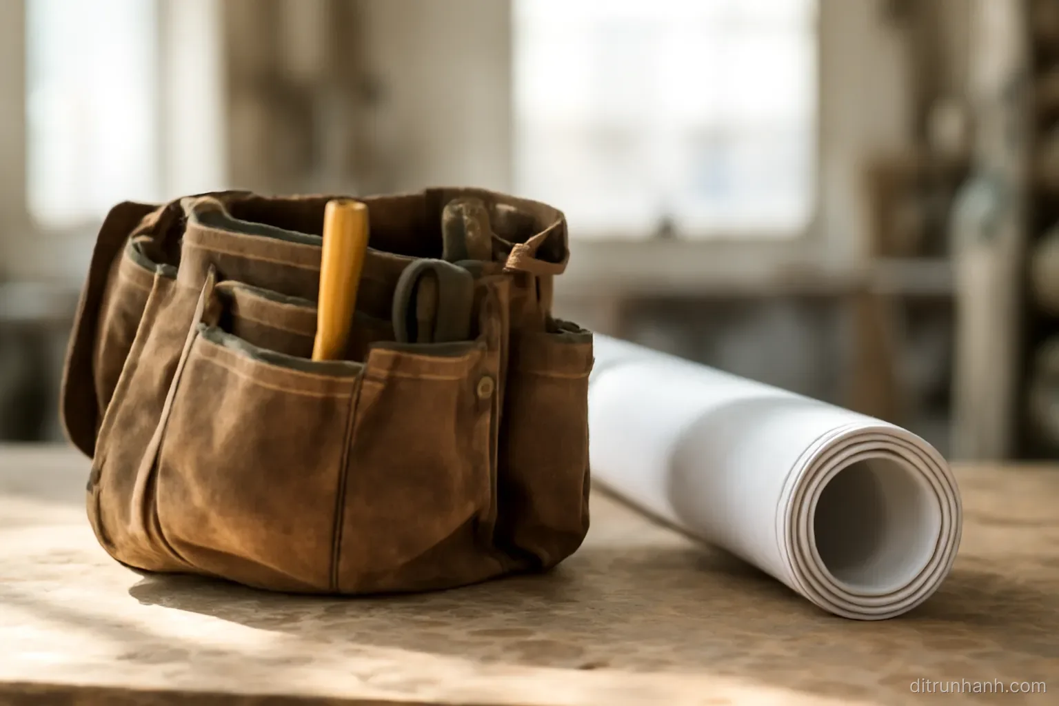 a worn toolbelt and a rolled up technical drawing resting together on a workbench in a bright workshop