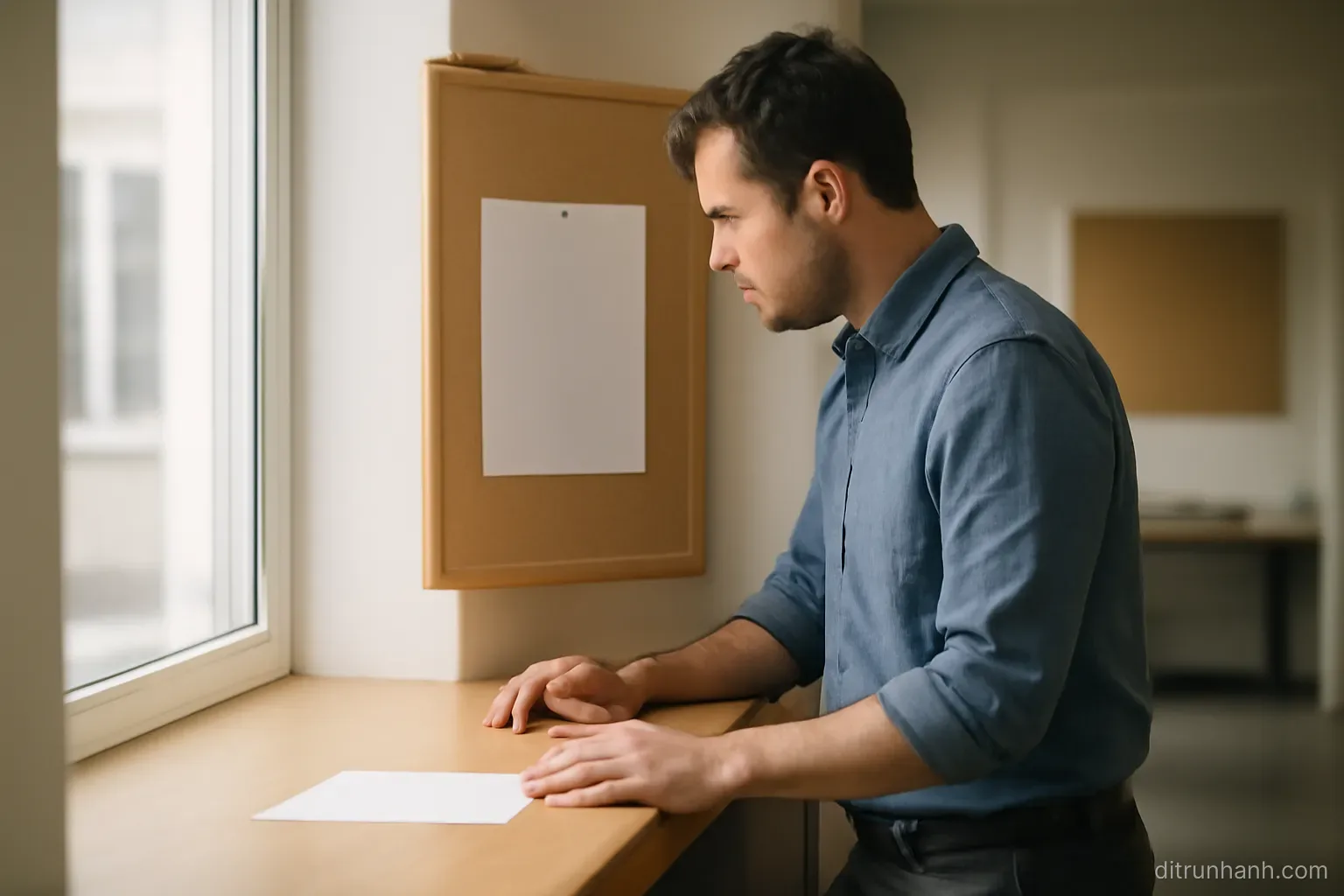 a professional in plain clothes standing at a counter reading a printed notice pinned to a board