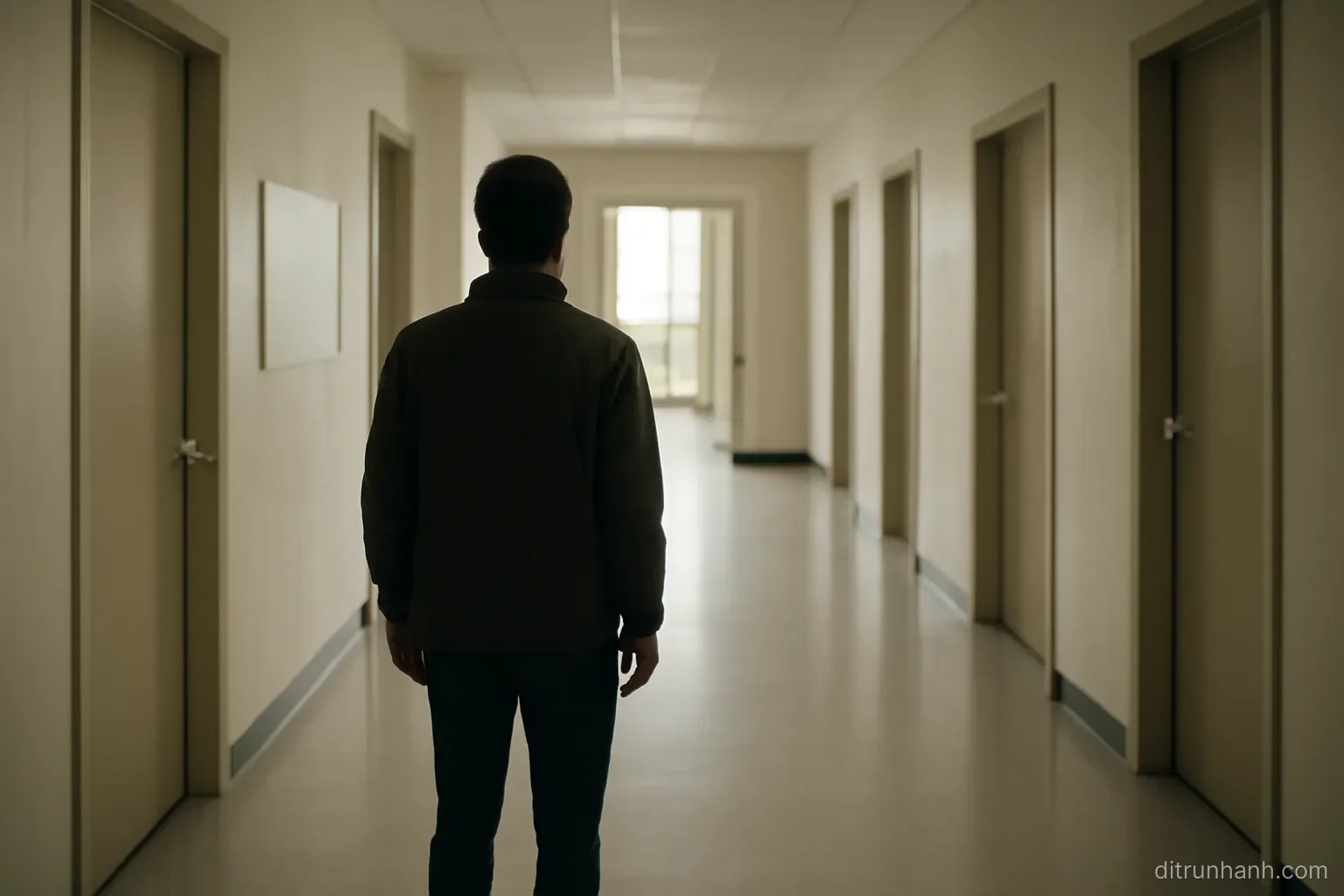 a person standing in a wide corridor with several closed doors and one open doorway further down the hall