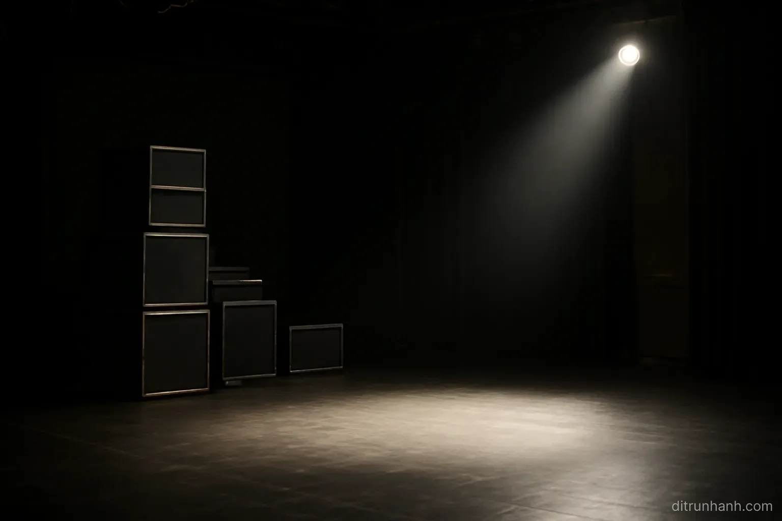 an empty stage with stacked equipment on one side and a single spotlight pointed at the bare floor