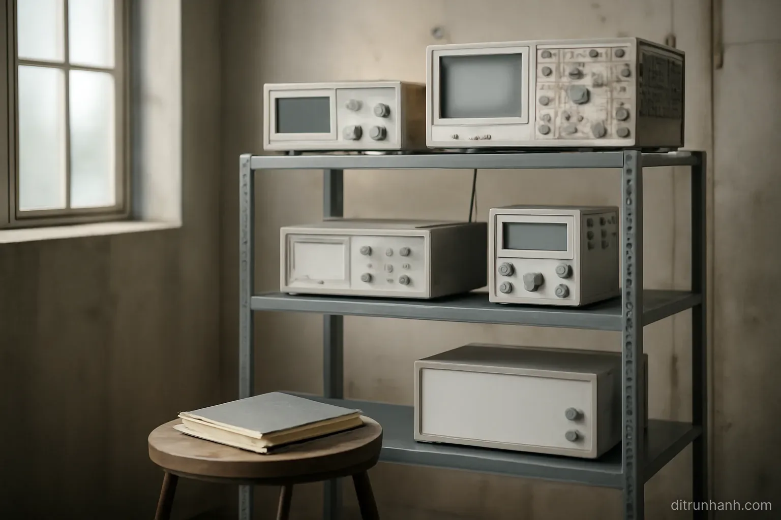 an industrial testing room with instruments on a rack and a closed notebook left on a stool beside them