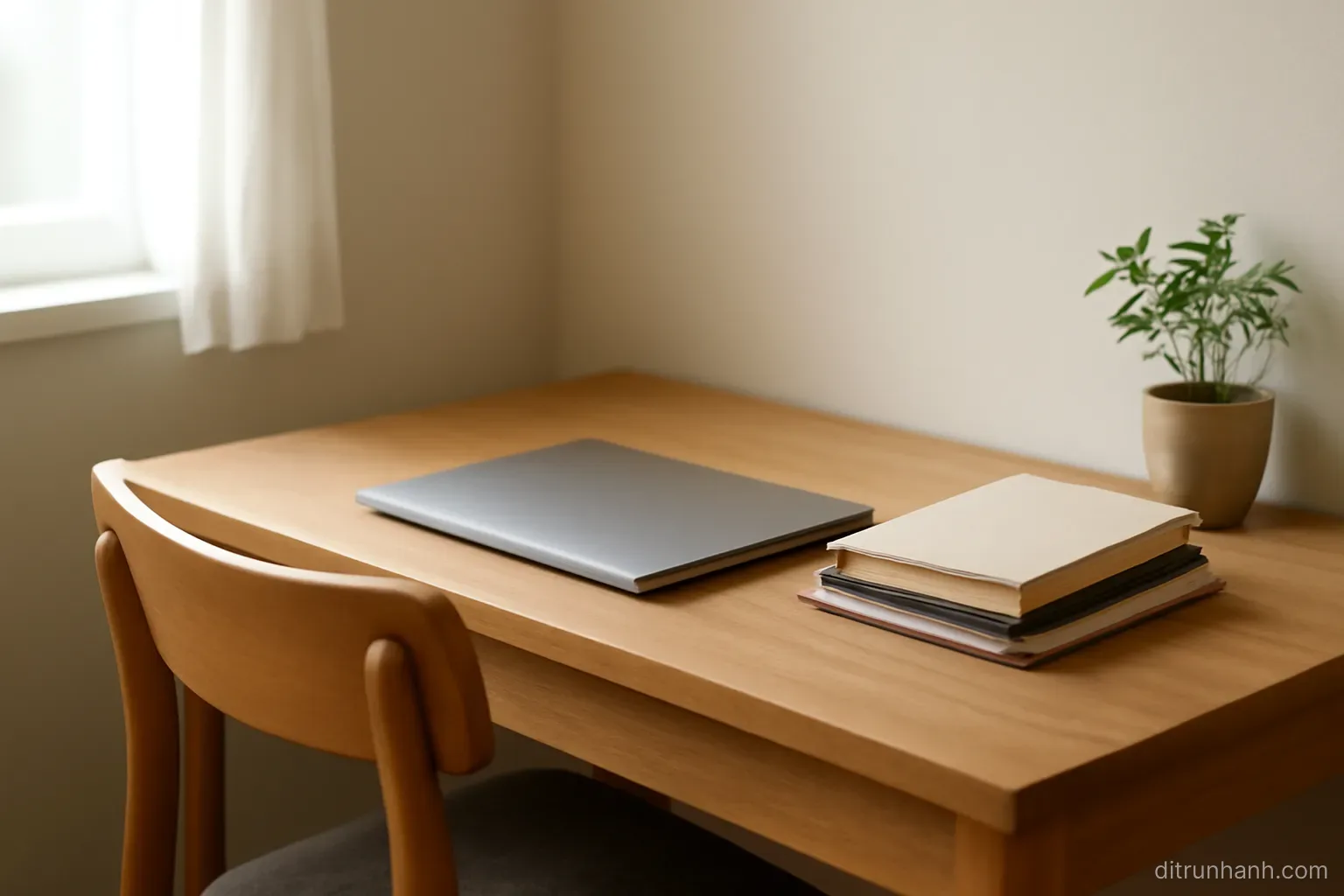 a small home office corner with a laptop closed, notebooks stacked and a chair pulled slightly back from the desk