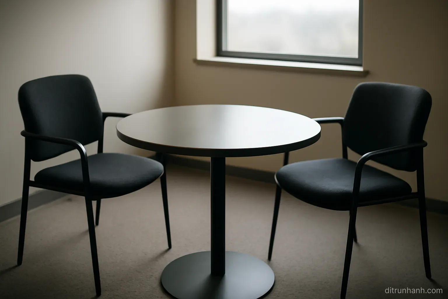 three empty chairs arranged around a small round table in a plain office with a window behind them