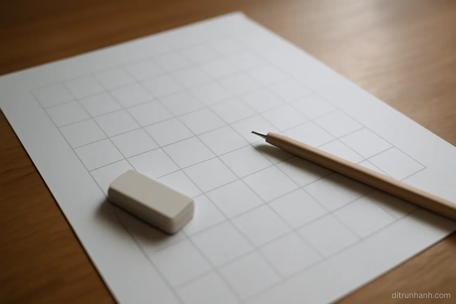 a large sheet of paper on a table showing a grid of empty boxes with a pencil and eraser beside it