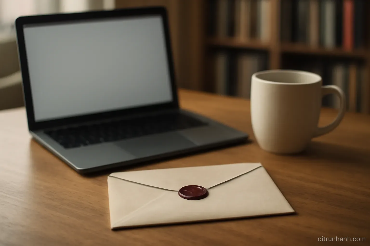 a sealed letter resting on a desk beside an open laptop and a mug, with a bookshelf blurred behind