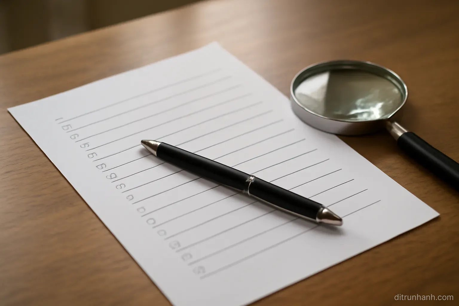 a printed list of entries on a desk with a pen resting across it and a magnifier lying nearby
