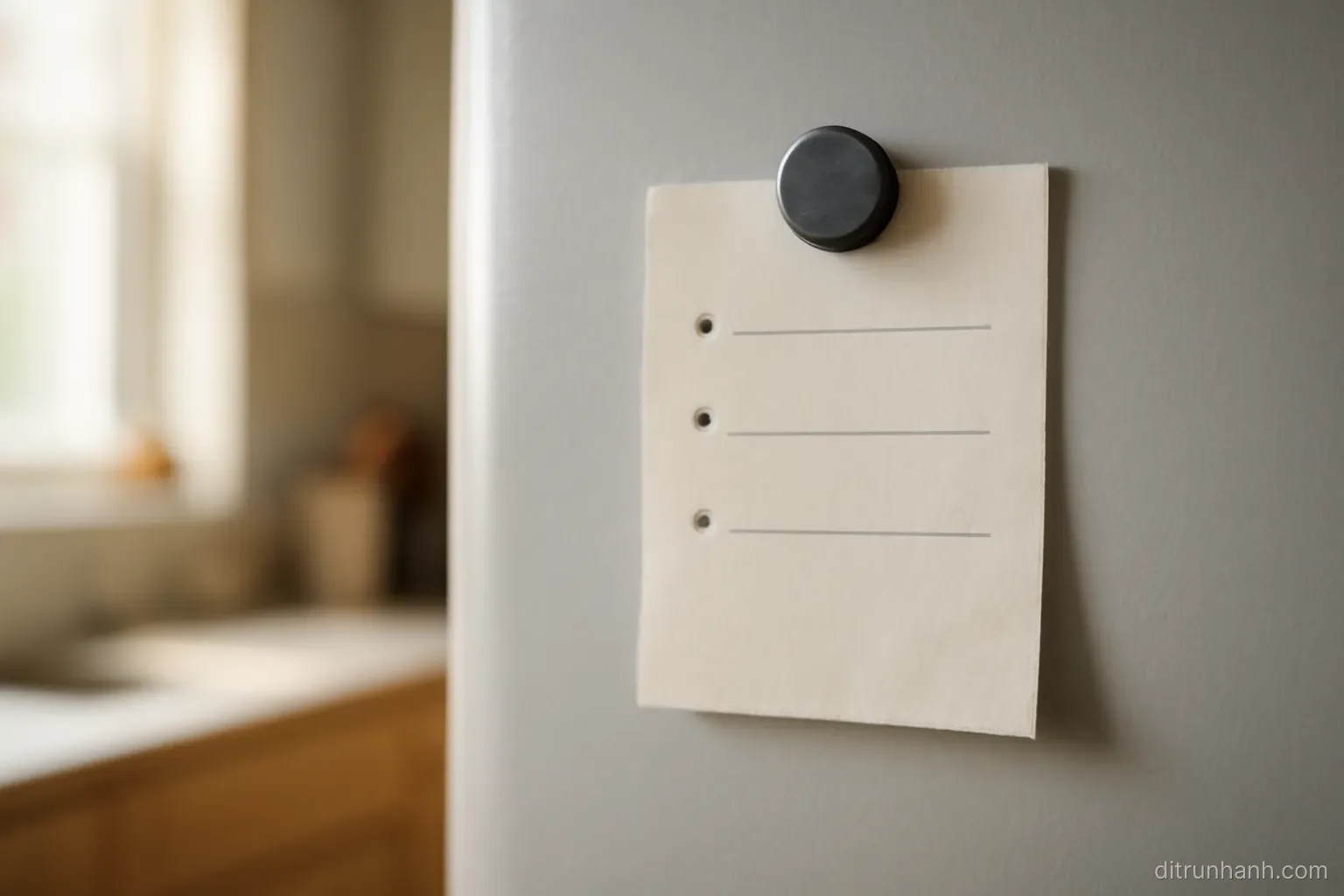 a short handwritten list of three items pinned to a fridge door with a magnet in a home kitchen