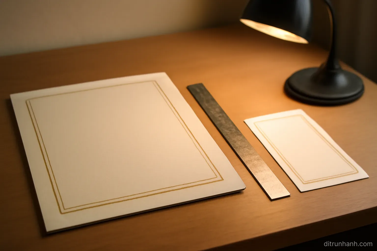 two diplomas of different sizes lying side by side on a table under a desk lamp with a ruler between them