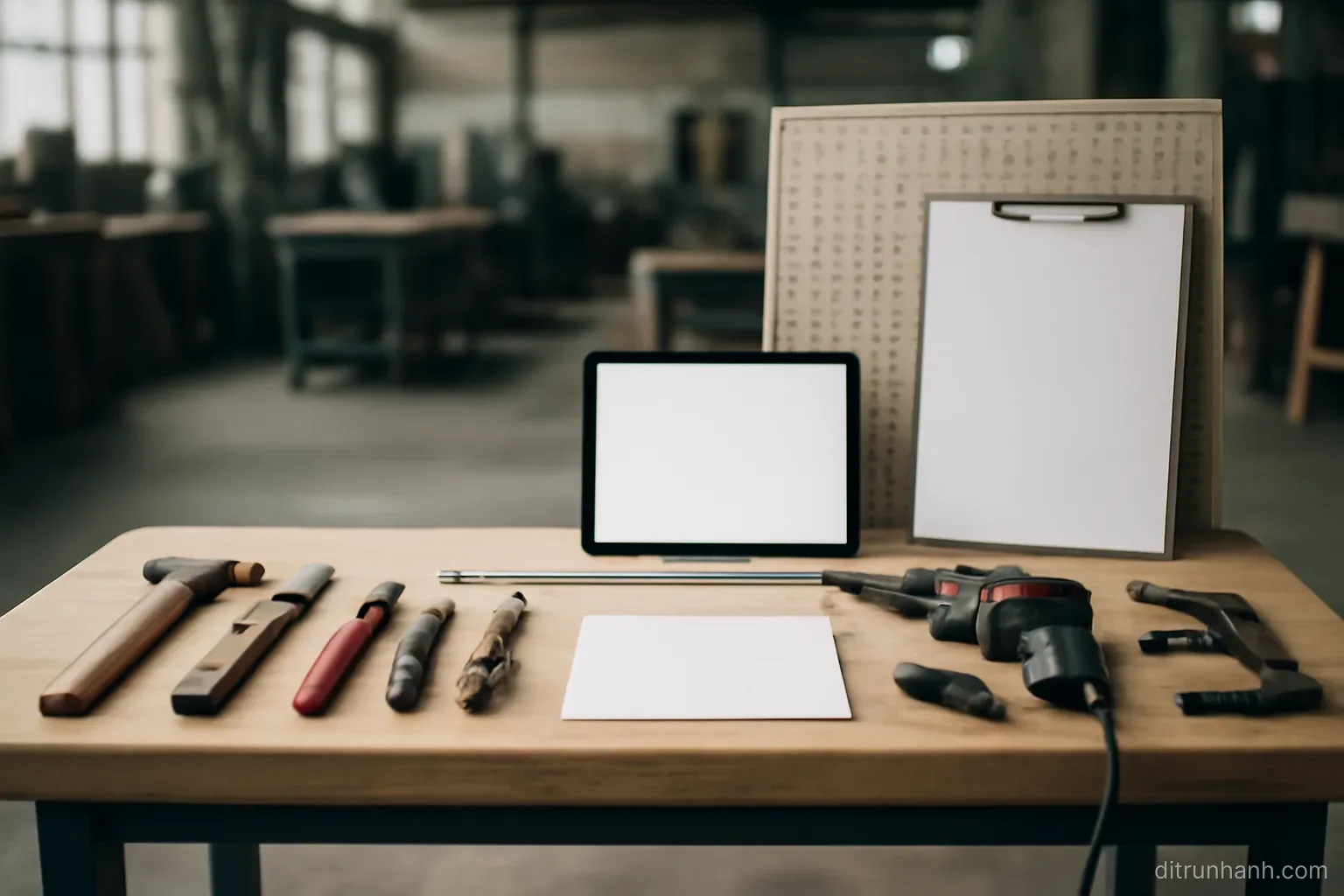an empty workstation with tools laid out neatly and no one standing at it, seen across a quiet workshop floor
