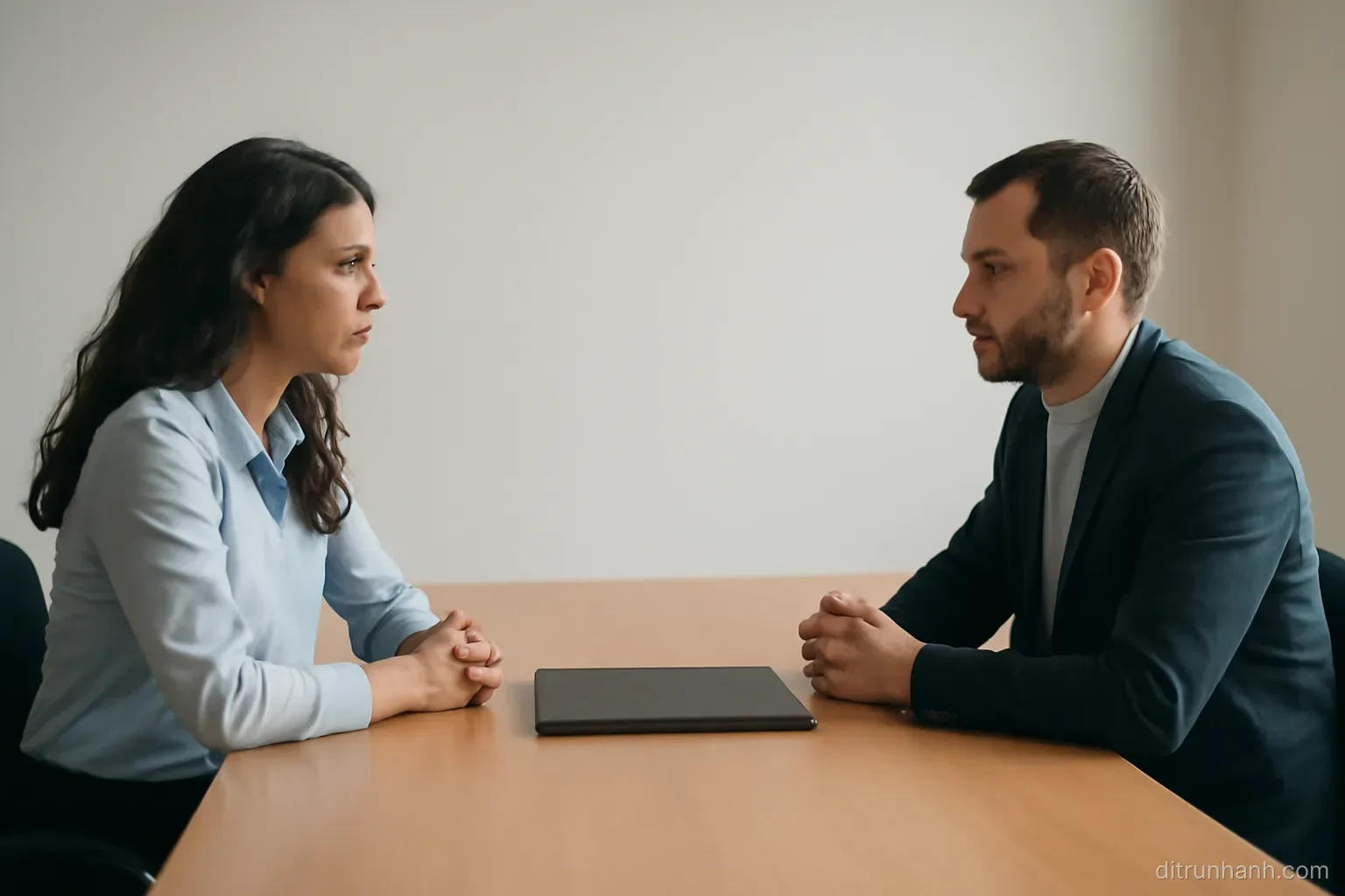 two people sitting across a table in a plain meeting room with a closed folder between them and blank walls
