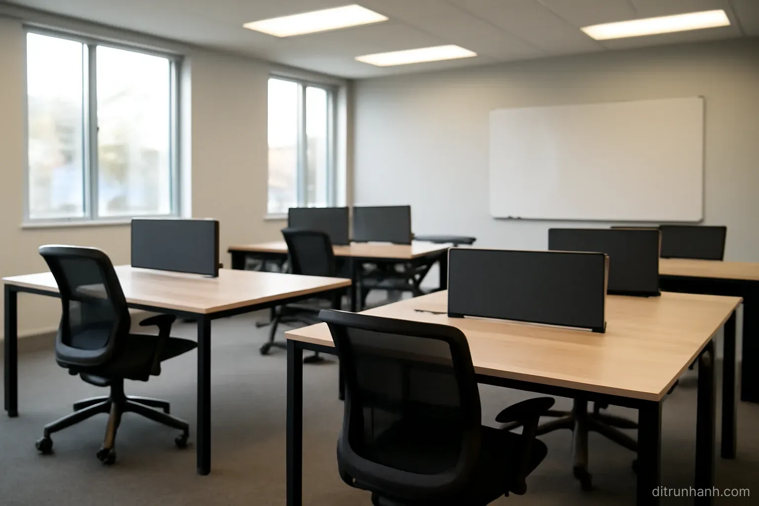 a shared work area with several empty desks, a whiteboard wiped clean and chairs pushed in neatly under ceiling lights